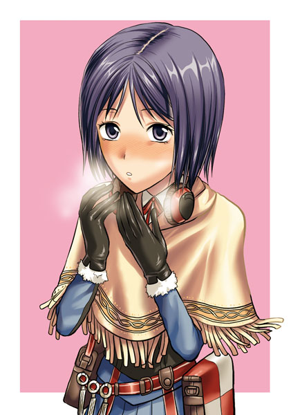 yuzuki n dash, isara gunther, senjou no valkyria, senjou no valkyria (series), senjou no valkyria 1, 00s, 1girl, blue eyes, blue hair, blush, breath, darcsen, female focus, gloves, headphones, matching hair/eyes, military, military uniform, shawl, short hair, solo