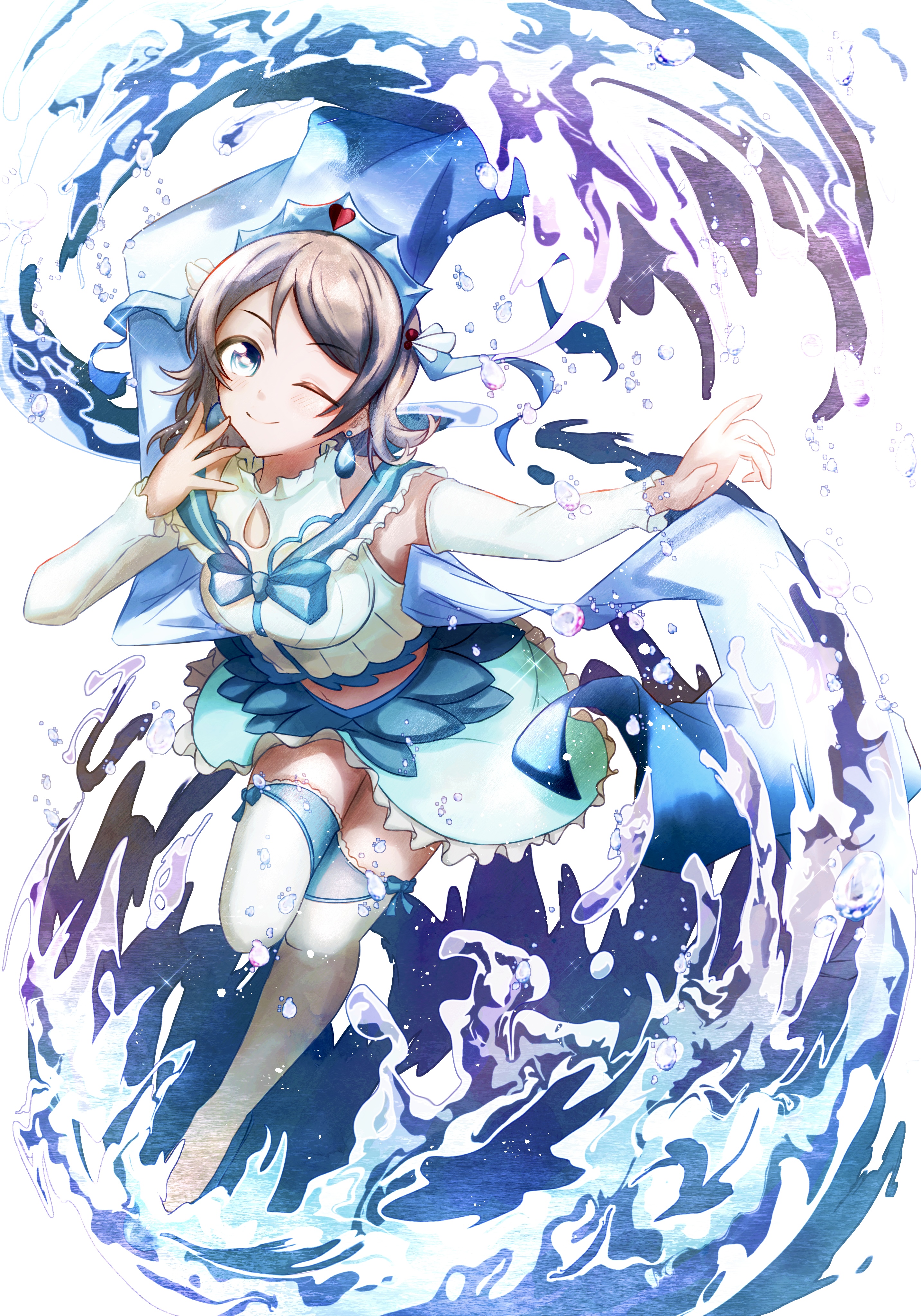okanda, watanabe you, love live!, love live! sunshine!!, absurdres, commentary request, highres, revision, 1girl, ;), bare shoulders, blue eyes, brown hair, bubble, crop top, detached sleeves, earrings, frills, high heels, jewelry, koi ni naritai aquarium, looking at viewer, midriff, one eye closed, smile, socks, solo, thighhighs, water, waves, white background