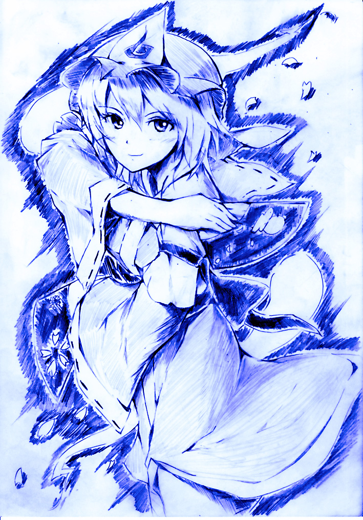 vent arbre, saigyouji yuyuko, touhou, traditional media, 1girl, blue theme, female focus, hand fan, monochrome, solo