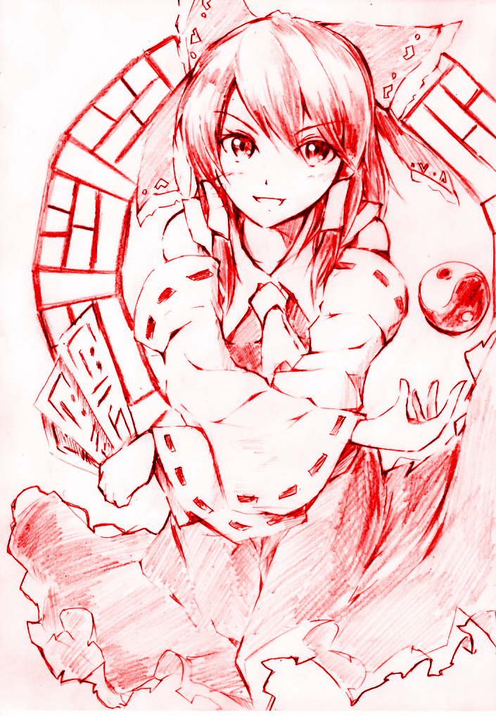 vent arbre, hakurei reimu, touhou, bad id, bad pixiv id, traditional media, 1girl, bow, crossed arms, detached sleeves, female focus, hair bow, hair tubes, japanese clothes, long skirt, miko, monochrome, ofuda, pink theme, red theme, skirt, solo, yin yang