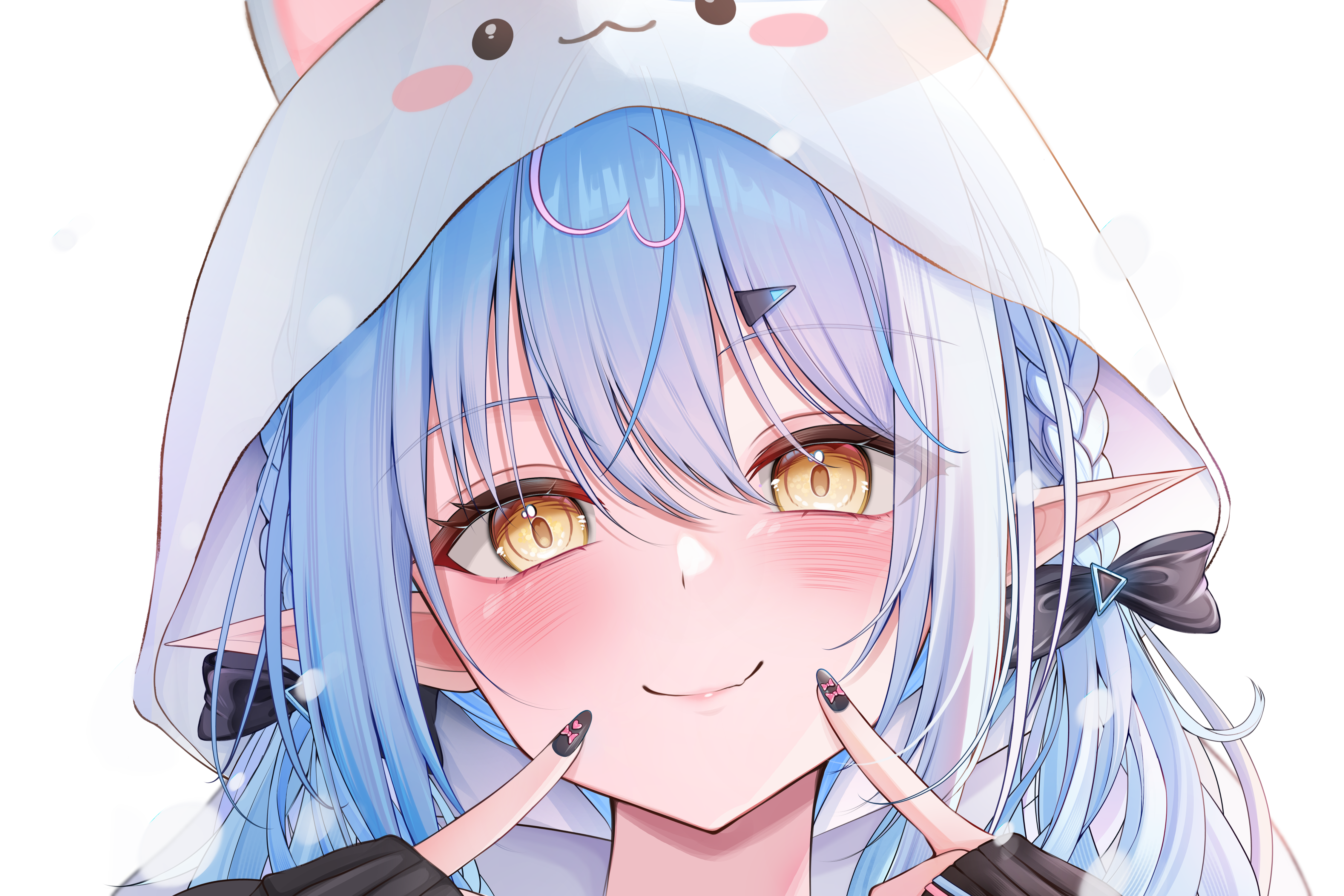 7nopi, yukihana lamy, hololive, absurdres, commentary request, highres, 1girl, ahoge, animal hood, blue hair, blush, braid, close-up, closed mouth, elf, finger to cheek, hair ribbon, heart, heart ahoge, hood, hood up, multicolored hair, pink hair, pointy ears, ribbon, simple background, smile, solo, streaked hair, twintails, virtual youtuber, white background, white hair, yellow eyes