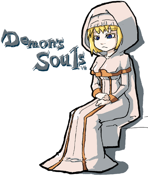 maji lege, maiden astraea, demon's souls, fromsoftware, 1girl, blonde hair, blue eyes, cape, female focus, full body, hood, robe, short hair, sitting, solo, white background