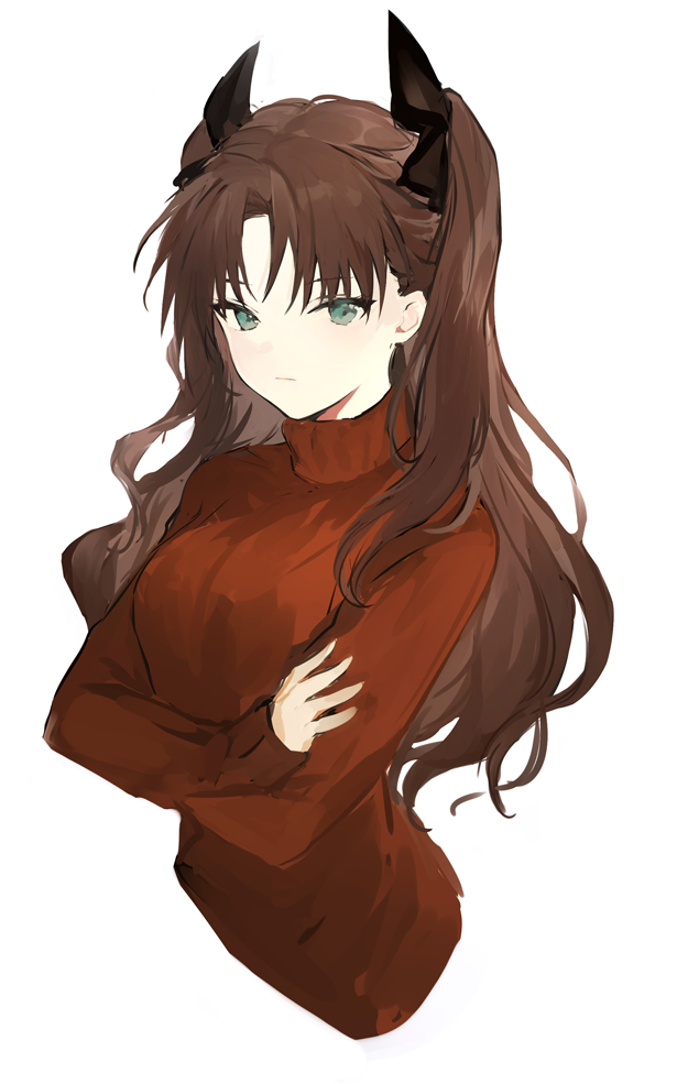 lpip, tohsaka rin, fate/stay night, fate (series), commentary, 1girl, black ribbon, blonde hair, brown hair, closed mouth, cropped torso, crossed arms, hair ribbon, long hair, long sleeves, looking at viewer, parted bangs, red sweater, ribbon, simple background, solo, sweater, turtleneck, turtleneck sweater, two side up, upper body, white background