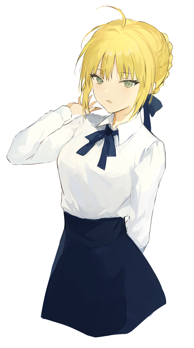 lpip, artoria pendragon (fate), saber (fate), fate/stay night, fate (series), commentary, highres, 1girl, ahoge, arm behind back, blonde hair, blue ribbon, blue skirt, braid, collared shirt, green eyes, hair ribbon, long sleeves, looking at viewer, neck ribbon, open mouth, ribbon, shirt, short hair, sidelocks, simple background, skirt, solo, white background, white shirt