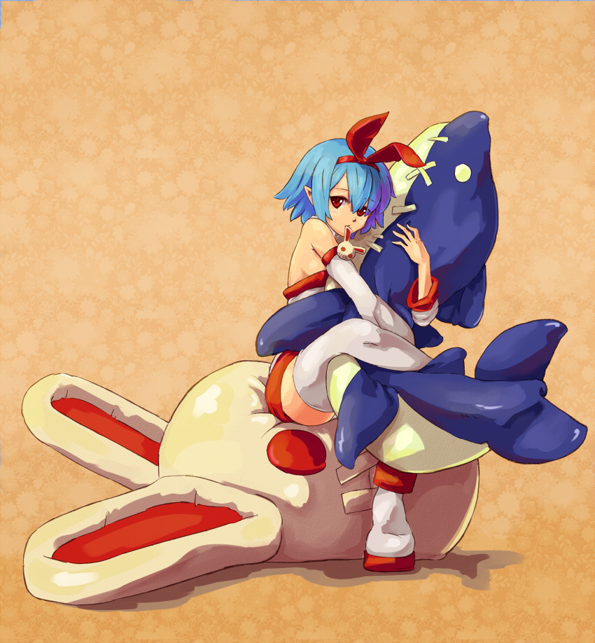 shibasaki shouji, pleinair, disgaea, 1girl, animal ears, bare shoulders, blue hair, elbow gloves, female focus, gloves, hug, pointy ears, rabbit, rabbit ears, solo, stuffed toy, thighhighs, zettai ryouiki