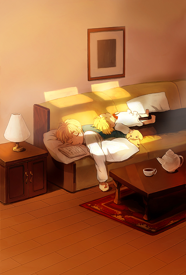 kitsuta, america (hetalia), united kingdom (hetalia), axis powers hetalia, light, bad id, bad pixiv id, 00s, 2boys, aged down, blonde hair, child, couch, cup, kettle, multiple boys, newspaper, rug, shadow, sleeping, slice of life, table, teacup, teapot