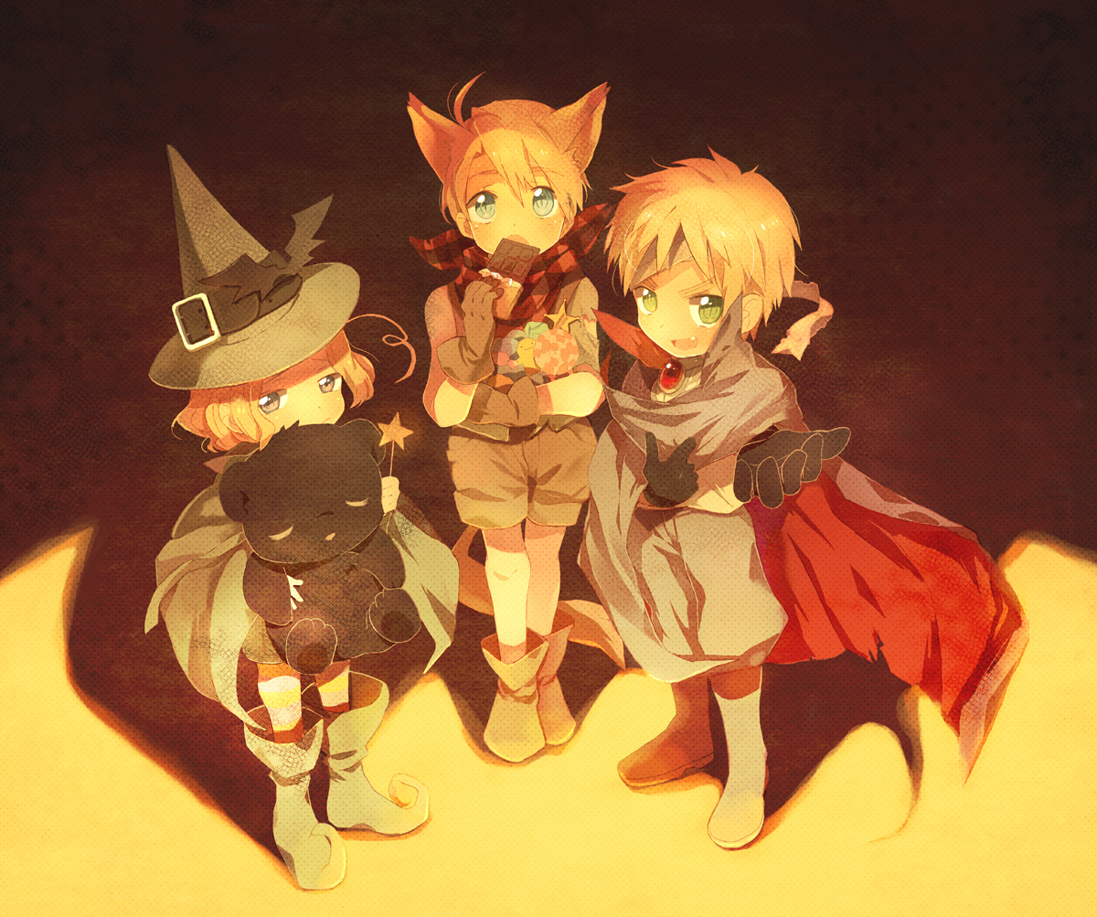 kitsuta, america (hetalia), canada (hetalia), united kingdom (hetalia), axis powers hetalia, bad id, bad pixiv id, 00s, 3boys, :<, blonde hair, blue eyes, candy, chocolate, chocolate bar, eating, food, green eyes, halloween, hat, male focus, multiple boys, stuffed animal, stuffed toy, teddy bear, trick or treat, witch hat