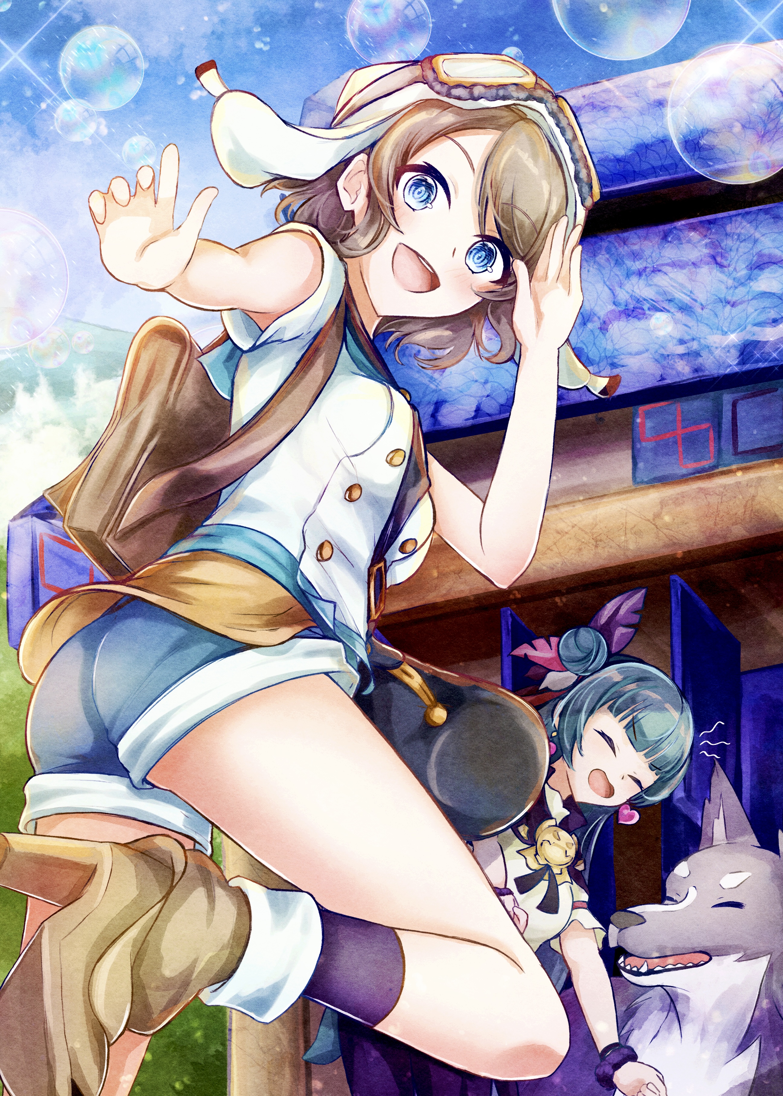 okanda, lailaps (genjitsu no yohane), tsushima yoshiko, watanabe you, yohane (genjitsu no yohane), you (genjitsu no yohane), genjitsu no yohane, love live!, love live! sunshine!!, absurdres, commentary request, highres, revision, 2girls, :d, animal, blue eyes, blush, boots, breasts, brown hair, closed eyes, dog, goggles, goggles on headwear, high heels, looking at viewer, medium breasts, multiple girls, open mouth, salute, shorts, smile, thighs, wavy hair, wolf