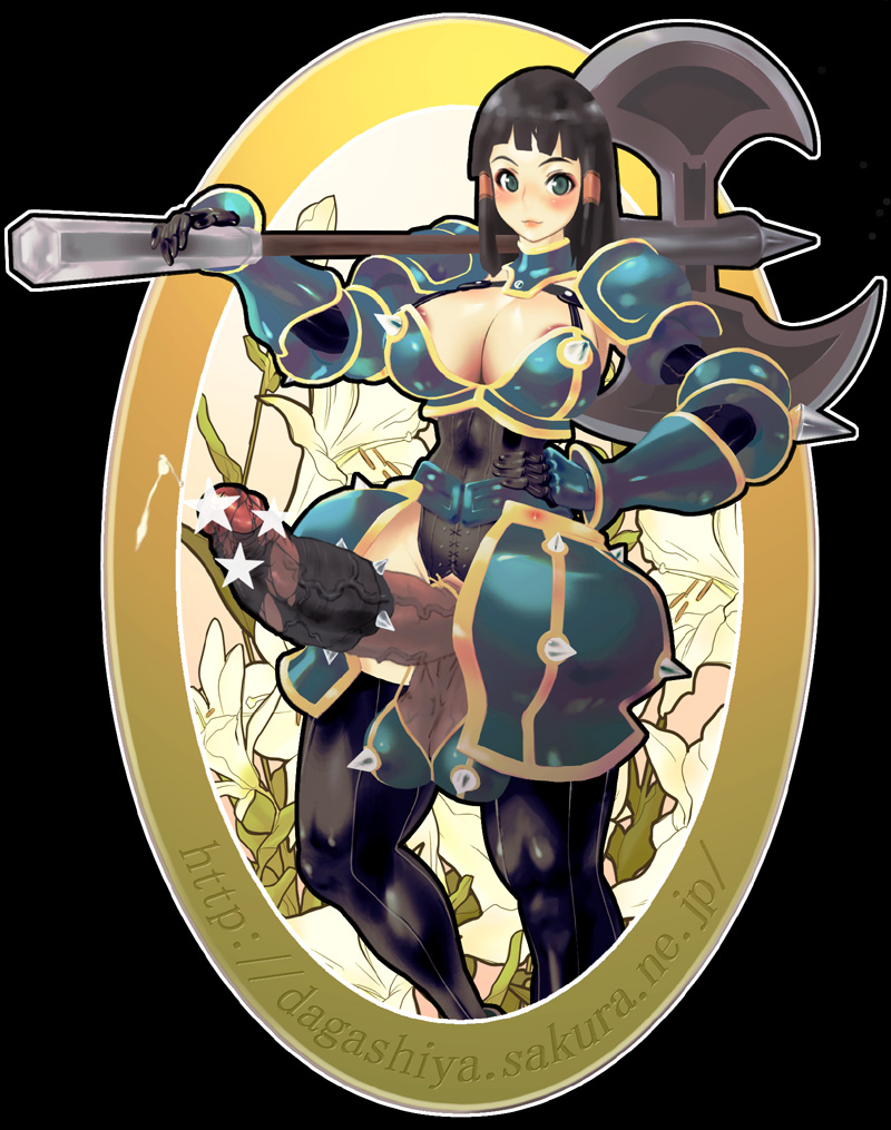 dagashiya, konbuni, fantasy earth zero, original, 1futa, armor, art nouveau, axe, black hair, blush, bodysuit, breasts, censored, double bladed axe, erection, futanari, green eyes, huge breasts, huge penis, huge testicles, muscular, penis, precum, solo, spikes, testicles, thighhighs, weapon
