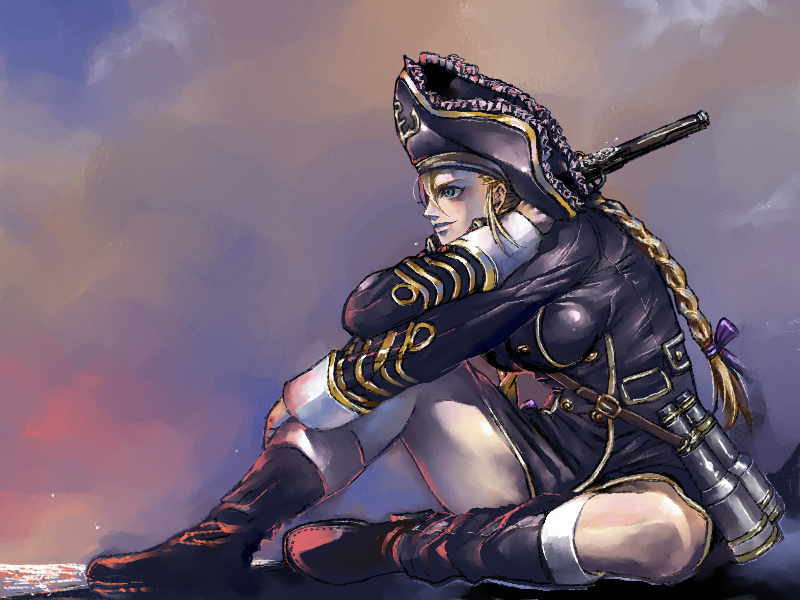 homex, patty fleur, tales of (series), tales of vesperia, md5 mismatch, resolution mismatch, source smaller, 00s, 1girl, aged up, binoculars, blonde hair, blue eyes, boots, braid, female focus, gun, hat, knee boots, long hair, pirate, pirate hat, solo, twin braids, weapon