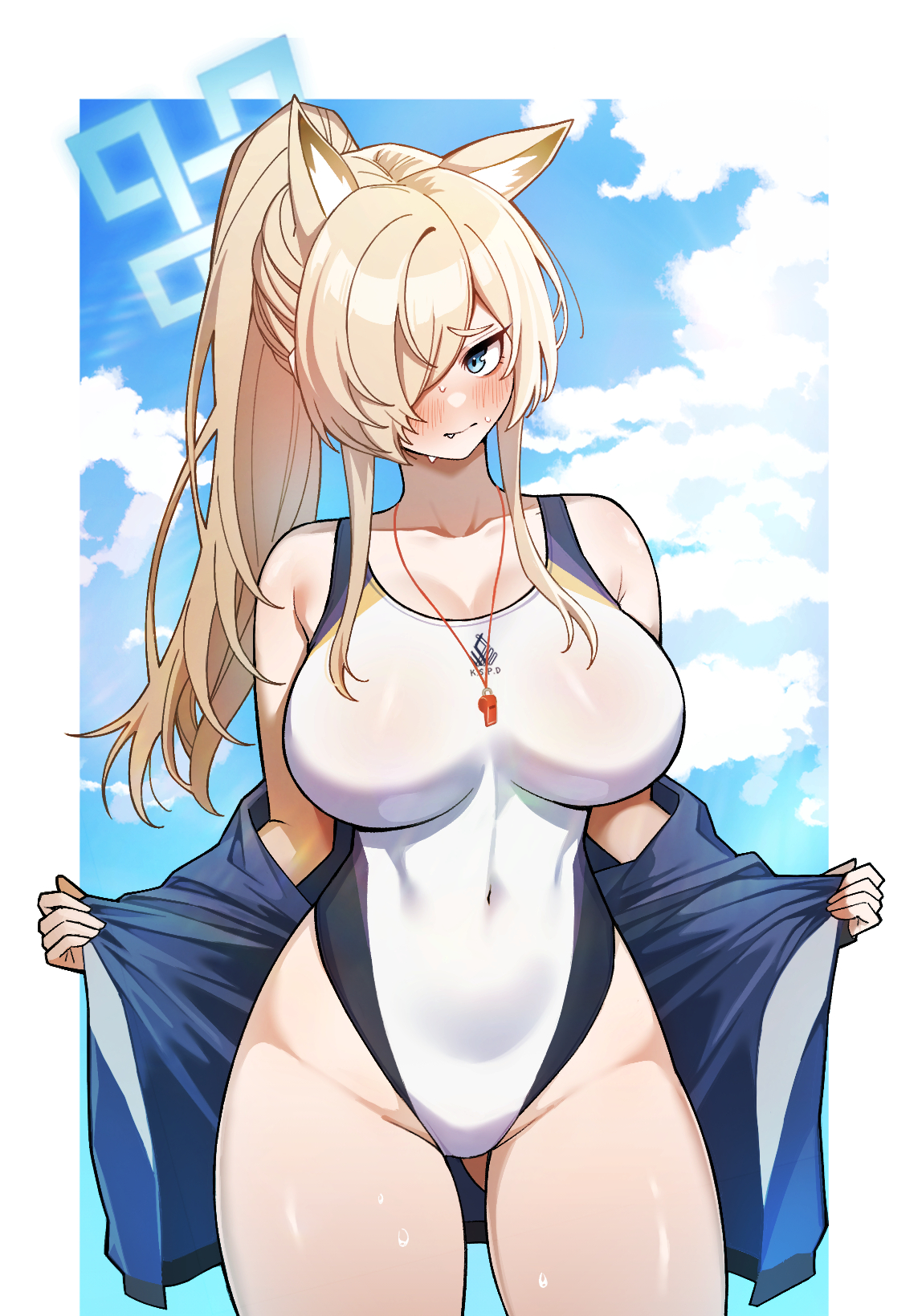 siribang1215, kanna (blue archive), kanna (swimsuit) (blue archive), blue archive, commentary request, highres, korean commentary, revision, 1girl, animal ear fluff, animal ears, blonde hair, blue halo, blue jacket, blue sky, breasts, closed mouth, cloud, competition swimsuit, covered navel, cowboy shot, day, fang, hair over one eye, halo, highleg, highleg one-piece swimsuit, jacket, large breasts, long hair, official alternate costume, one-piece swimsuit, open clothes, open jacket, sky, solo, swimsuit, thighs, two-tone background, whistle, whistle around neck, white background, white one-piece swimsuit