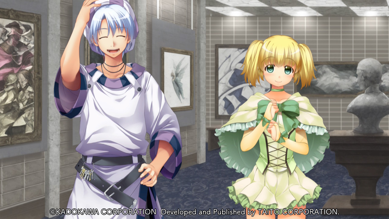 atelier-moo, aleph coulson, maria short, yuukyuu gensoukyoku, game cg, large variant set, non-web source, official art, variant set, 1boy, 1girl, :d, ^ ^, art gallery, belt, black belt, blonde hair, bow, breasts, bridal gauntlets, capelet, choker, clenched hands, closed eyes, closed mouth, collarbone, company name, copyright notice, corset, cowboy shot, elbow gloves, gloves, green bow, green capelet, green choker, green eyes, green shirt, grey pants, hair between eyes, hand on own hat, hand on own hip, hand up, hat, head tilt, indoors, key, long shirt, looking at viewer, medium hair, miniskirt, open mouth, painting (object), pants, picture frame, purple hat, purple shirt, shirt, short hair, short twintails, skirt, small breasts, smile, standing, statue, strapless, strapless shirt, striped hat, thighs, three-quarter sleeves, tile wall, tiles, twintails, white hair, yellow gloves, yuukyuu gensoukyoku revival