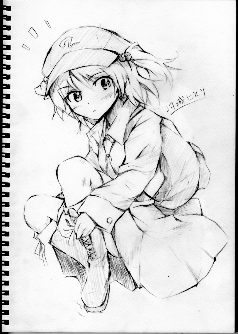 vent arbre, kawashiro nitori, touhou, traditional media, 1girl, female focus, full body, greyscale, hat, monochrome, sketch, skirt, solo, two side up, white background