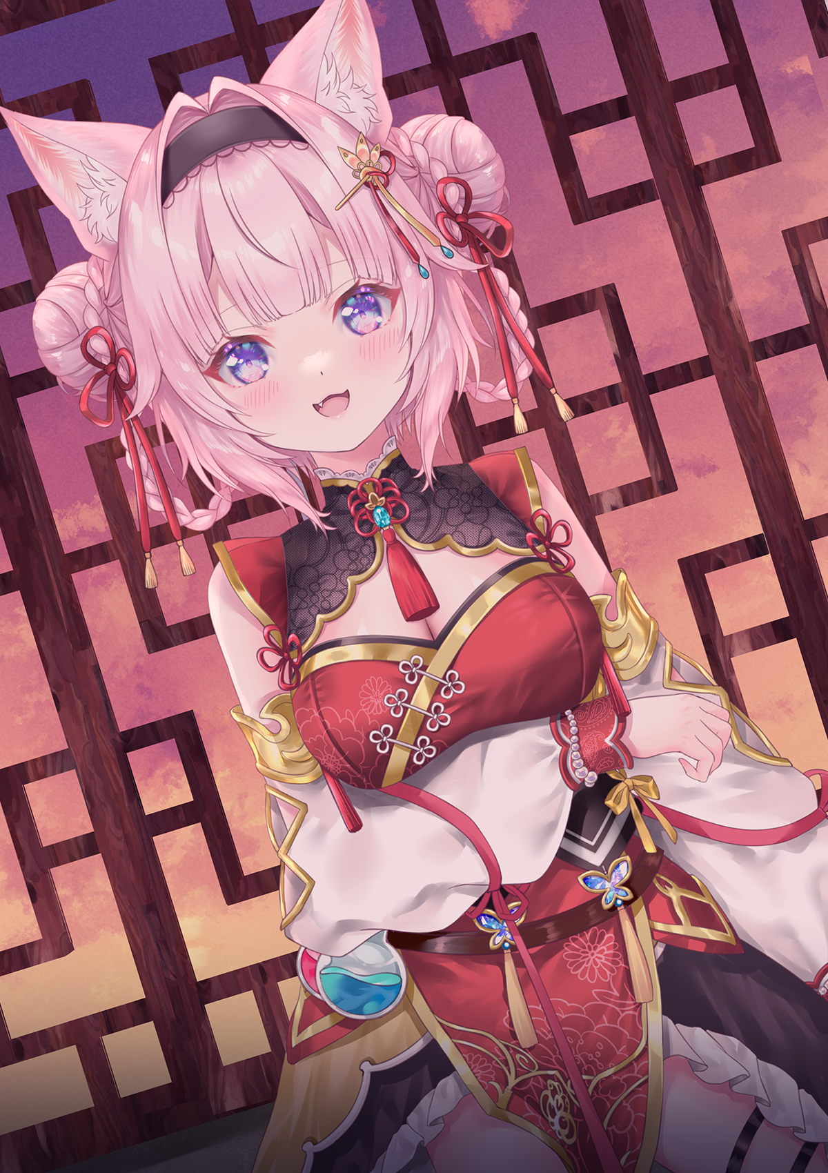 tsukimochikuriko (tsukimochi k), hakui koyori, hakui koyori (6th costume), hololive, commentary request, highres, 1girl, animal ear fluff, animal ears, arms up, breasts, china dress, chinese clothes, cleavage, cleavage cutout, clothing cutout, detached sleeves, double bun, dress, hair bun, looking at viewer, medium breasts, official alternate costume, official alternate hairstyle, open mouth, red dress, smile, solo, thigh strap, virtual youtuber, white sleeves, wolf ears, wolf girl