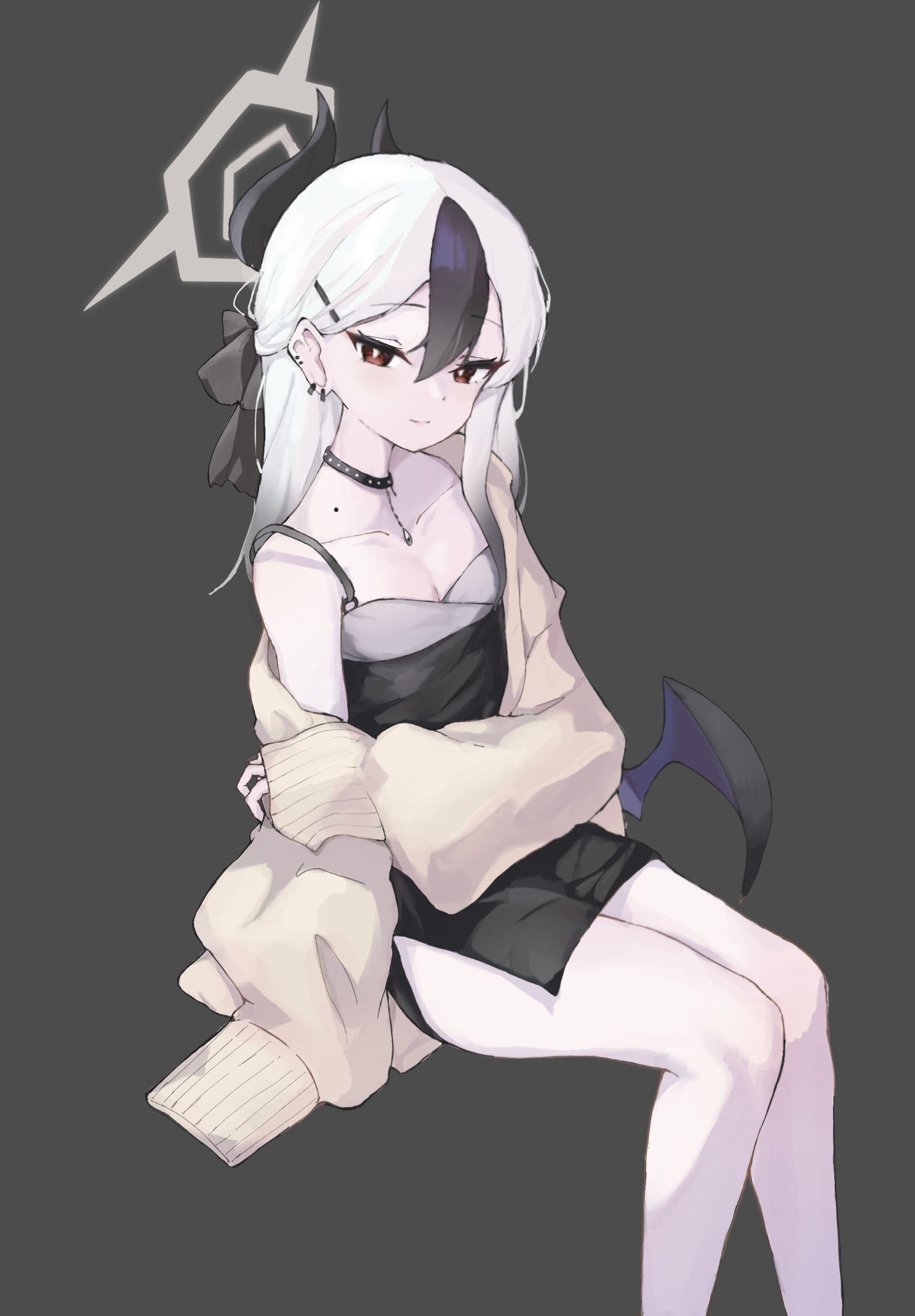 anniu (user vemd7787), kayoko (blue archive), kayoko (dress) (blue archive), blue archive, commentary request, highres, revision, 1girl, arm at side, black bow, black choker, black dress, black hair, black horns, black nails, bow, breasts, bright pupils, cardigan, choker, cleavage, closed mouth, collarbone, demon horns, demon wings, double-parted bangs, dress, ear piercing, earrings, feet out of frame, fingernails, grey background, grey halo, hair between eyes, hair bow, half updo, halo, hand on own arm, horns, invisible chair, jewelry, long hair, long sleeves, looking at viewer, mole, mole on neck, multicolored hair, nail polish, official alternate costume, official alternate hairstyle, open cardigan, open clothes, piercing, purple wings, red eyes, short dress, simple background, single bare shoulder, single wing, sitting, sleeveless, sleeveless dress, sleeves past wrists, small breasts, smile, solo, tsurime, two-tone hair, white hair, white pupils, wings, yellow cardigan