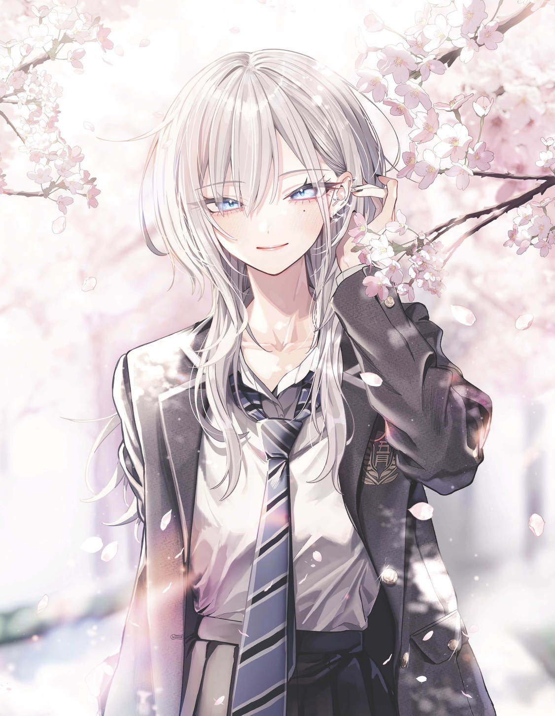 kamiyama sumu, original, commentary request, highres, 1girl, adjusting hair, black jacket, black skirt, blazer, blue eyes, blue necktie, cherry blossoms, closed mouth, collared shirt, diagonal-striped clothes, grey hair, grey shirt, haimiya mio (kamiyama sumu), jacket, looking at viewer, necktie, open clothes, open jacket, petals, pink petals, pleated skirt, shirt, shirt tucked in, sidelocks, skirt, smile, solo, striped clothes, upper body