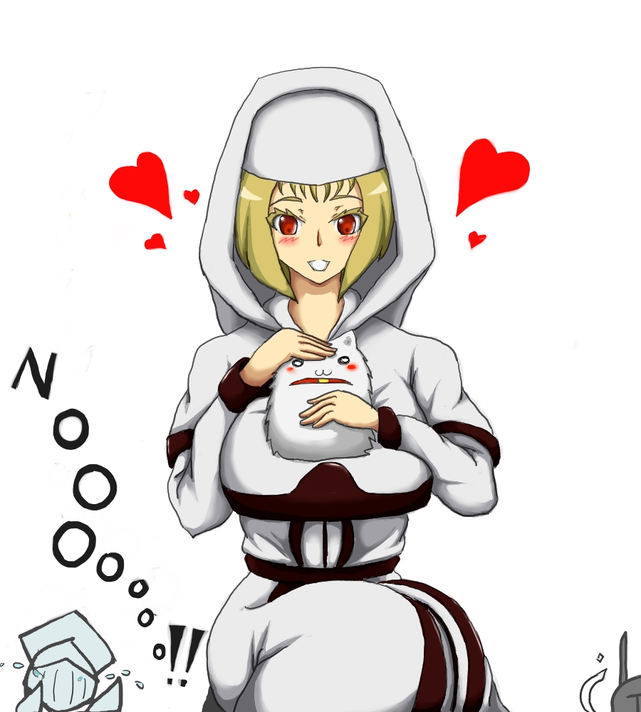 yamaneko ken, garl vinland, maiden astraea, yurt the silent chief, demon's souls, fromsoftware, animal, blonde hair, blush, breasts, heart, hood, large breasts, red eyes, robe, short hair, sitting, tears