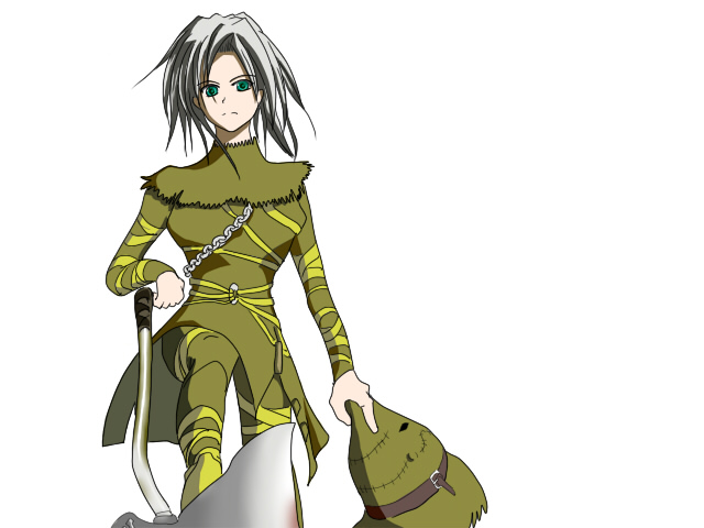 seris (sanwind), executioner miralda, demon's souls, fromsoftware, 1girl, axe, chain, female focus, green eyes, grey hair, hood, short hair, simple background, solo, weapon