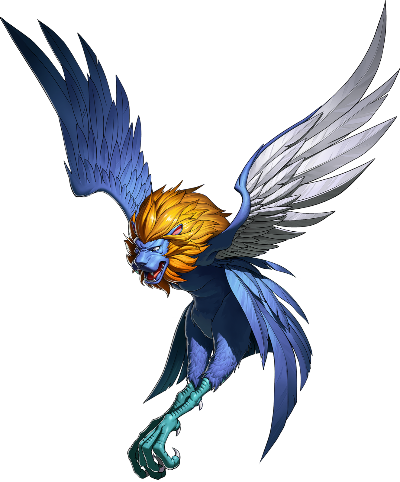 anzu (megami tensei), persona, persona 5, persona 5: the phantom x, shin megami tensei, artist request, highres, official art, third-party source, blank eyes, blue feathers, blue skin, colored skin, demon (megami tensei), feathered wings, feathers, lion mane, no humans, open mouth, sharp teeth, solo, talons, teeth, transparent background, white feathers, wings