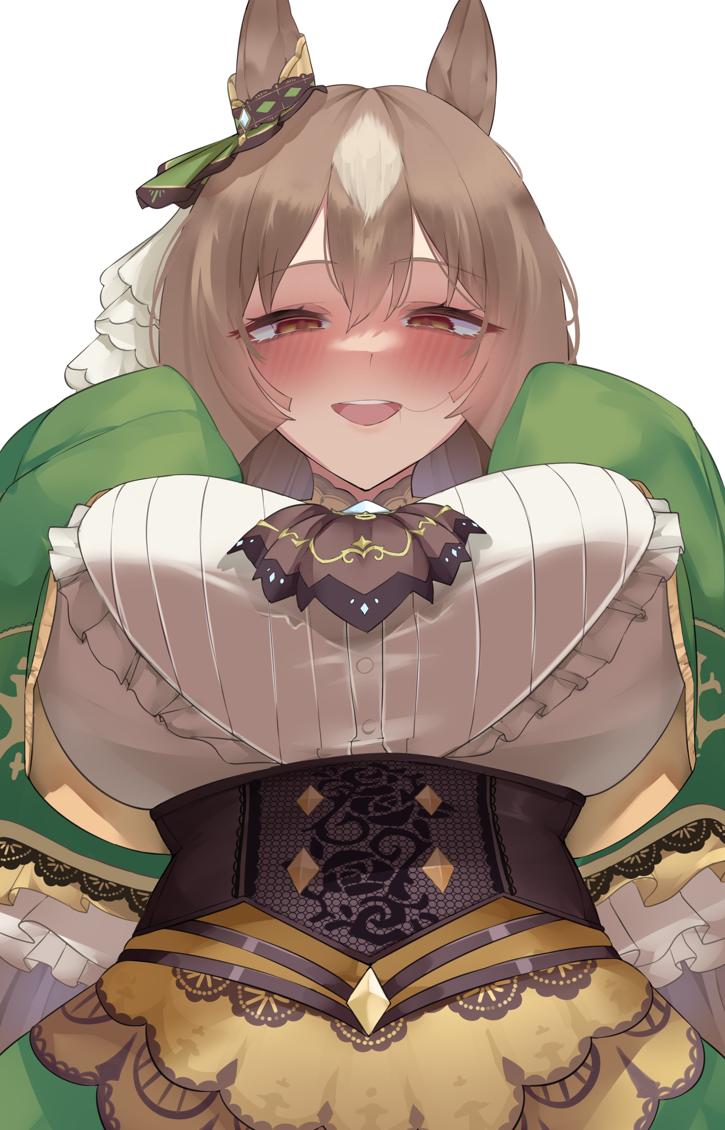 xkittyzx, satono diamond (natural brilliance) (umamusume), satono diamond (umamusume), umamusume, blue gem, absurdres, commentary, english commentary, highres, 1girl, animal ears, ascot, blunt ends, blush, breasts, brown ascot, brown corset, brown eyes, brown hair, chest jewel, corset, diamond (shape), dress, ear ornament, frilled shirt, frilled sleeves, frills, from below, gem, green dress, hair in own mouth, horse ears, horse girl, large breasts, long hair, long sleeves, looking at viewer, multicolored hair, open mouth, shirt, simple background, sleeves past fingers, sleeves past wrists, smile, solo, streaked hair, two-tone hair, upper body, very long hair, white background, white shirt