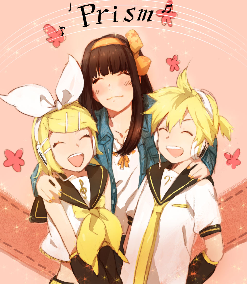 mitosa, kagamine len, kagamine rin, shimoda asami, real life, vocaloid, 1boy, 2girls, animification, blonde hair, brother and sister, brown hair, closed eyes, flower, hair ribbon, headphones, multiple girls, ribbon, siblings, smile, twins, voice actor, voice actor connection