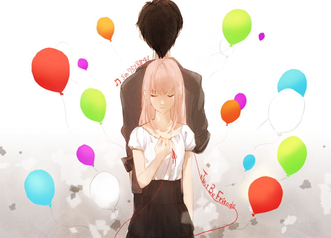 mitosa, megurine luka, just be friends (vocaloid), vocaloid, back-to-back, balloon, black hair, closed eyes, pink hair, string