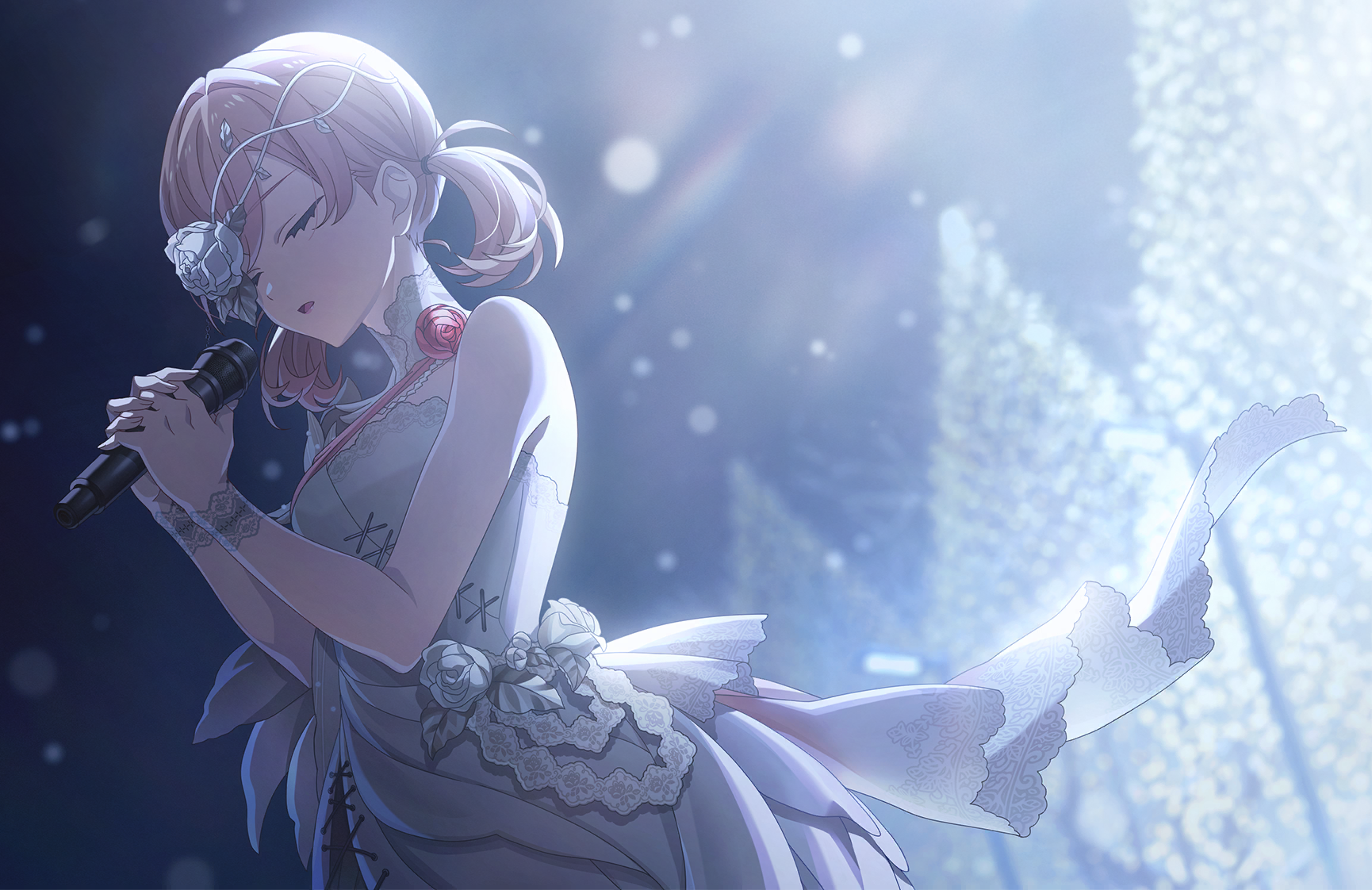 hinoshita kaho, link! like! love live!, love live!, game cg, highres, non-web source, official art, 1girl, breasts, closed eyes, dress, flower, hair flower, hair ornament, holding, holding microphone, lone nape hair, medium breasts, microphone, music, rose, singing, single bare shoulder, solo, strapless, strapless dress, twintails, virtual youtuber, white dress, white flower, white rose, yuki mau sora to nibyou no eien