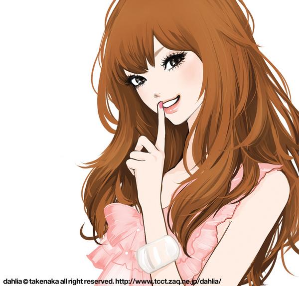 takenaka, 1girl, black eyes, brown hair, female focus, lipstick, long hair, makeup, nail polish, pink nails, smile, solo