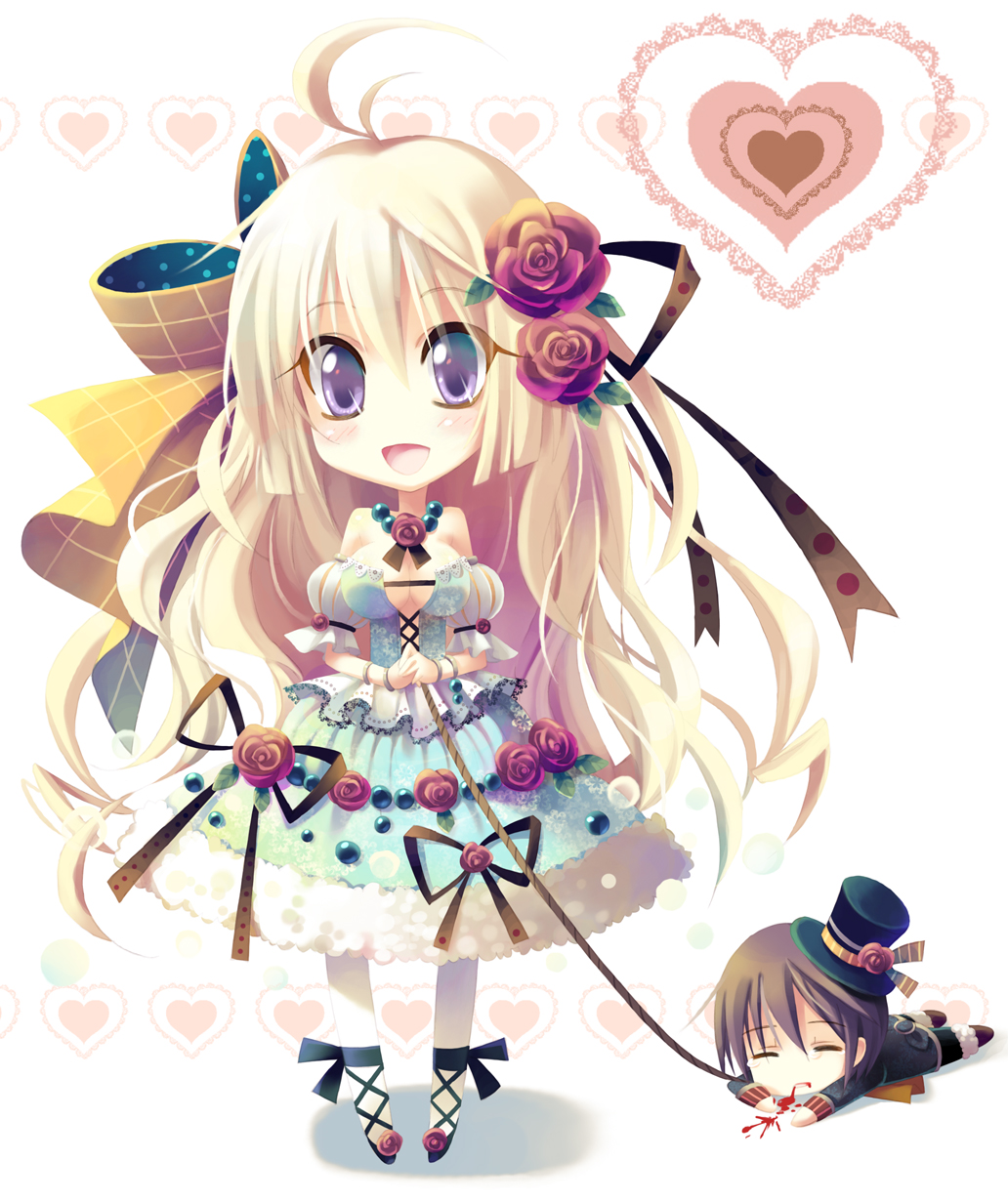 yamadori yoshitomo, original, bad id, bad pixiv id, highres, 1boy, 1girl, blonde hair, blood, blue eyes, bow, bracelet, chibi, corset, detached sleeves, dress, flower, hair bow, hat, heart, jewelry, long hair, lying, mini hat, mini top hat, necklace, nosebleed, ribbon, rope, top hat