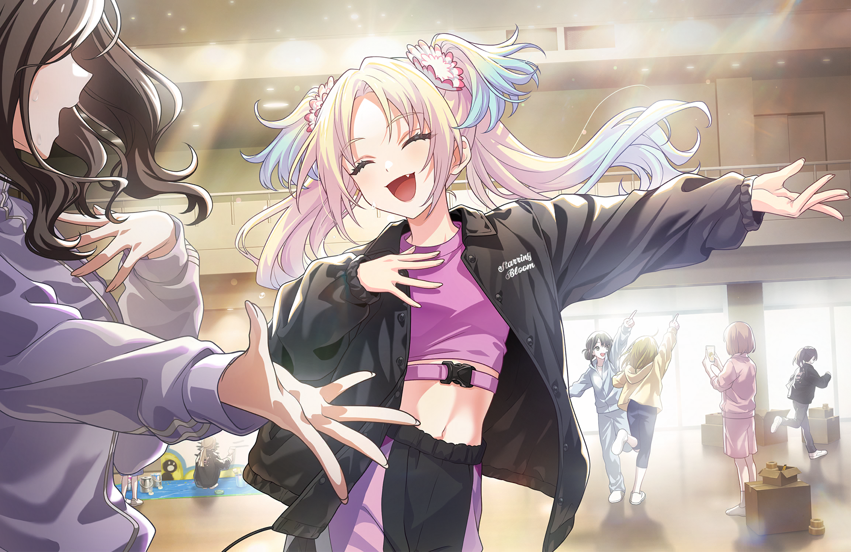 osawa rurino, osawa rurino (winter training wear), link! like! love live!, love live!, character request, game cg, highres, non-web source, official art, 5girls, :d, black jacket, blonde hair, blue hair, brown hair, buckle, collared jacket, fang, flower, gradient hair, hair flower, hair ornament, jacket, midriff, multicolored hair, multiple girls, navel, open clothes, open jacket, open mouth, pants, pink flower, pink pants, pink shirt, shirt, smile, snap-fit buckle, solo focus, twintails, virtual youtuber