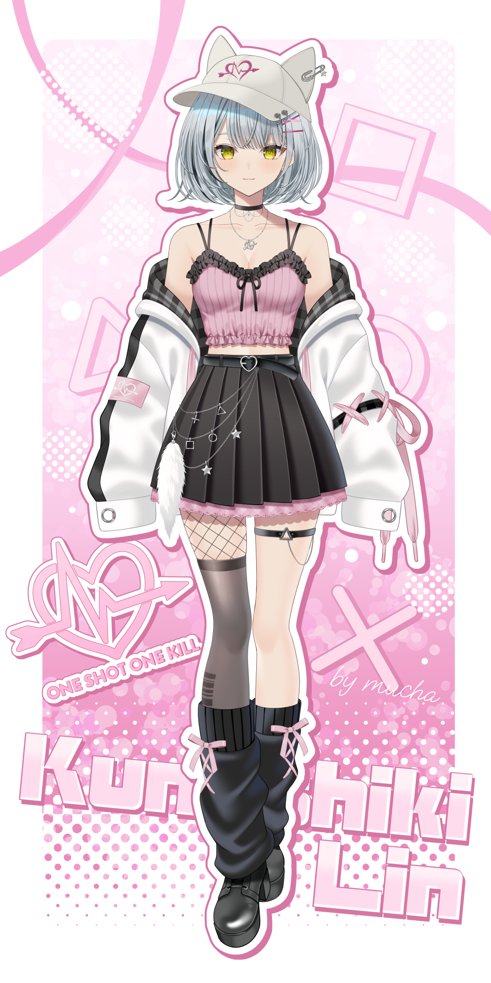 myusha, commentary request, commission, highres, 1girl, animal ears, animal hat, arrow (symbol), arrow through heart, bare shoulders, baseball cap, belt, black belt, black choker, black hair, black shoes, black skirt, black socks, border, breasts, brown eyes, brown thighhighs, buckle, camisole, choker, closed mouth, collarbone, fake animal ears, full body, grey hair, grey hat, hair ornament, hairclip, hat, heart, heart-shaped buckle, jacket, kunashiki rin, long sleeves, looking at viewer, loose socks, multicolored hair, nexustella, off shoulder, open clothes, open jacket, outline, pink background, pink camisole, pleated skirt, puffy long sleeves, puffy sleeves, safety pin, shoes, single fishnet legwear, skirt, sleeves past fingers, sleeves past wrists, small breasts, smile, socks, socks over thighhighs, solo, standing, streaked hair, thighhighs, virtual youtuber, white border, white jacket, white outline, x hair ornament