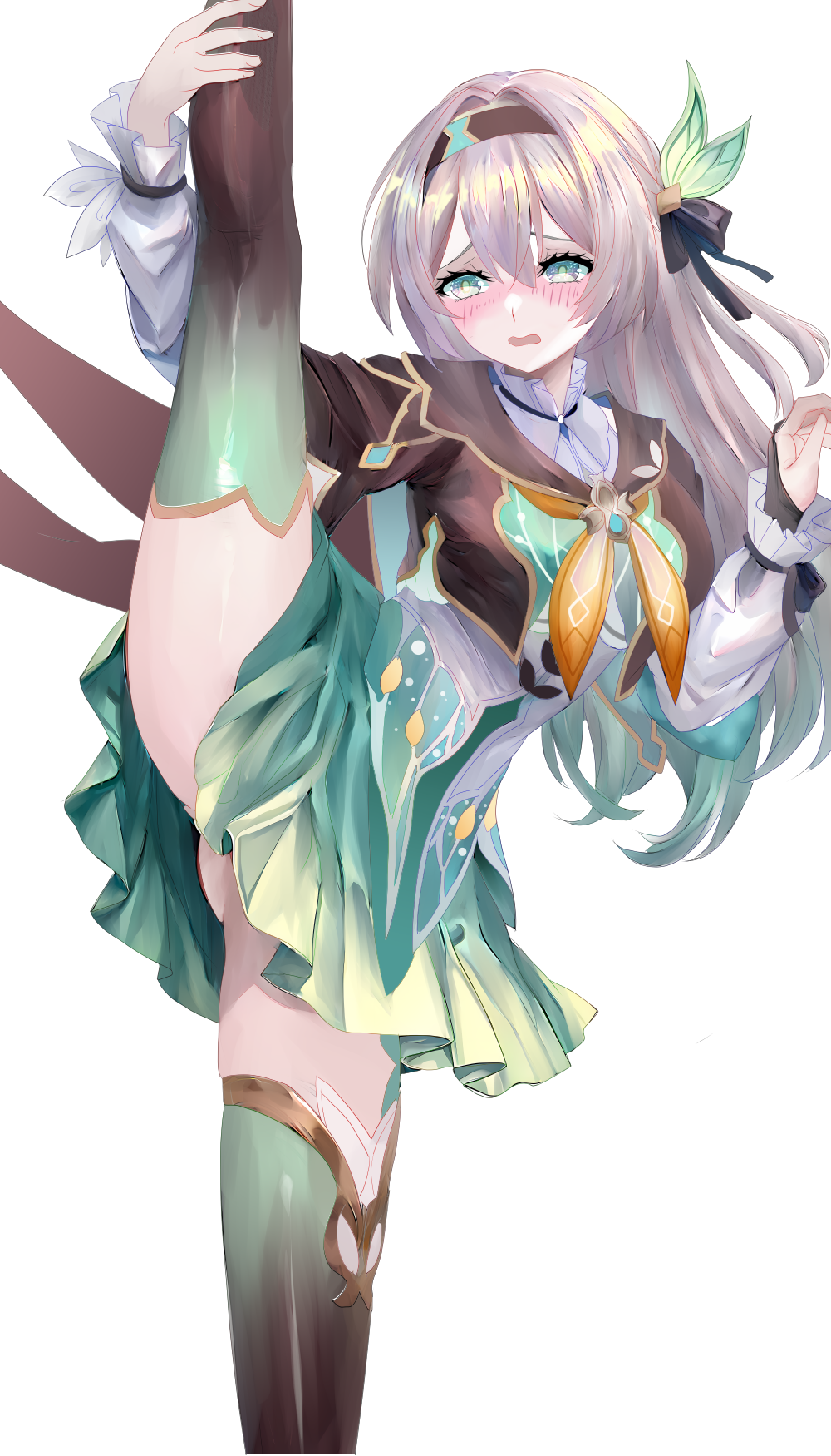firefly (honkai: star rail), honkai: star rail, honkai (series), commentary request, highres, revision, 1girl, black hairband, black ribbon, black thighhighs, blush, convenient censoring, crossed bangs, embarrassed, gradient hair, gradient thighhighs, green eyes, green hair, green skirt, green thighhighs, grey hair, grey shirt, hair between eyes, hair intakes, hair ribbon, hairband, leg lift, leg up, long hair, long sleeves, miniskirt, miyashirokiyu, multicolored hair, pleated skirt, ribbon, shirt, simple background, skirt, solo, split, standing, standing on one leg, standing split, thighhighs, wavy mouth, white background