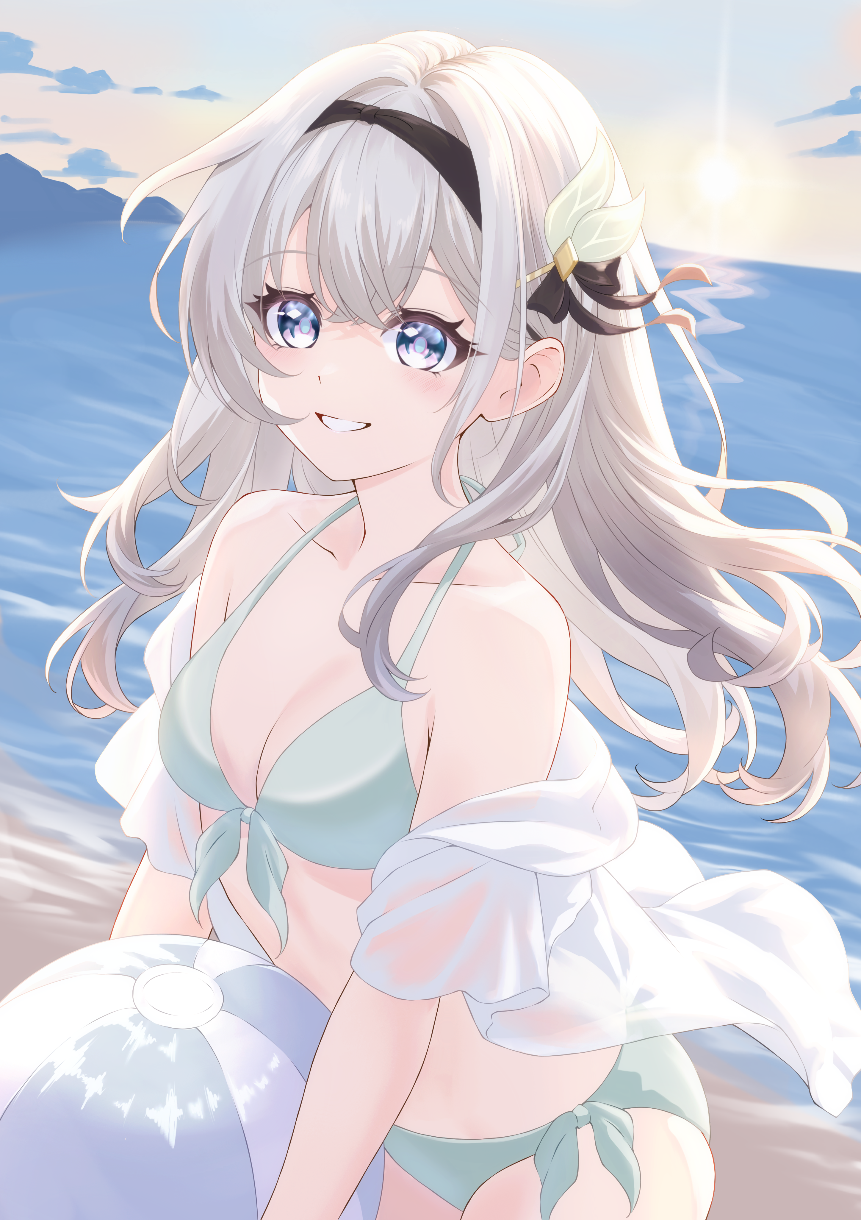 reachizu, firefly (honkai: star rail), honkai: star rail, honkai (series), absurdres, commentary request, highres, revision, 1girl, alternate costume, ball, beachball, bikini, black hairband, blush, breasts, collarbone, front-tie bikini top, front-tie top, green bikini, grey hair, hair between eyes, hair intakes, hair ornament, hairband, holding, holding ball, holding beachball, long hair, medium breasts, ocean, parted lips, pink eyes, see-through clothes, side-tie bikini bottom, smile, solo, sunset, swimsuit