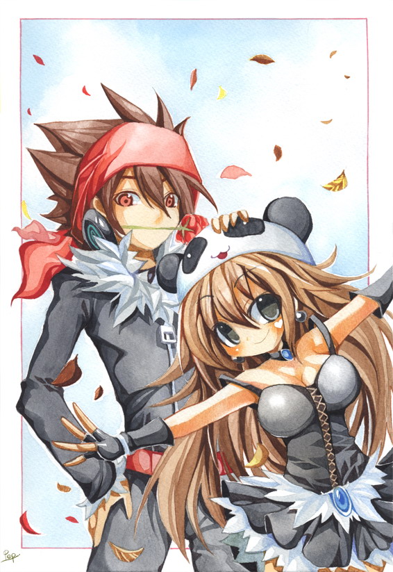 emperpep, hand on head, painting (medium), traditional media, watercolor (medium), black eyes, blush, brown hair, flower, hat, headband, headpat, heart, long hair, panda, red eyes, rose