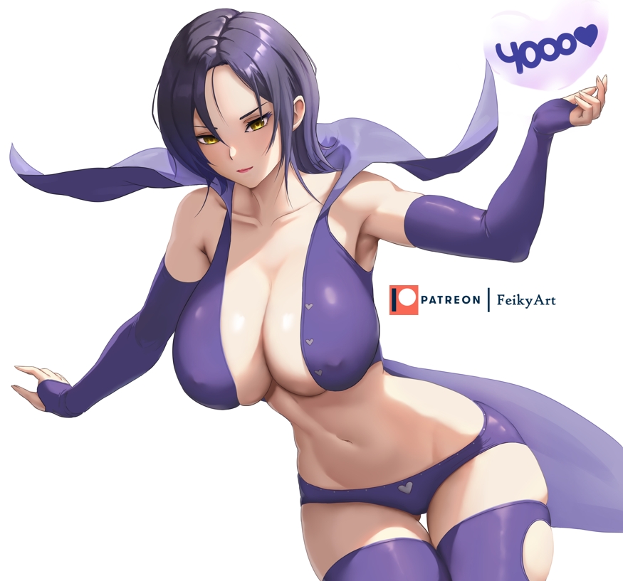 feikyart, merlin (nanatsu no taizai), nanatsu no taizai, commentary, english commentary, 1girl, artist name, bare shoulders, black hair, breasts, center opening, covered erect nipples, elbow gloves, fingerless gloves, gloves, heart, large breasts, navel, panties, patreon logo, patreon username, purple gloves, purple panties, purple thighhighs, revealing clothes, short hair, solo, stomach, thighhighs, underwear, yellow eyes