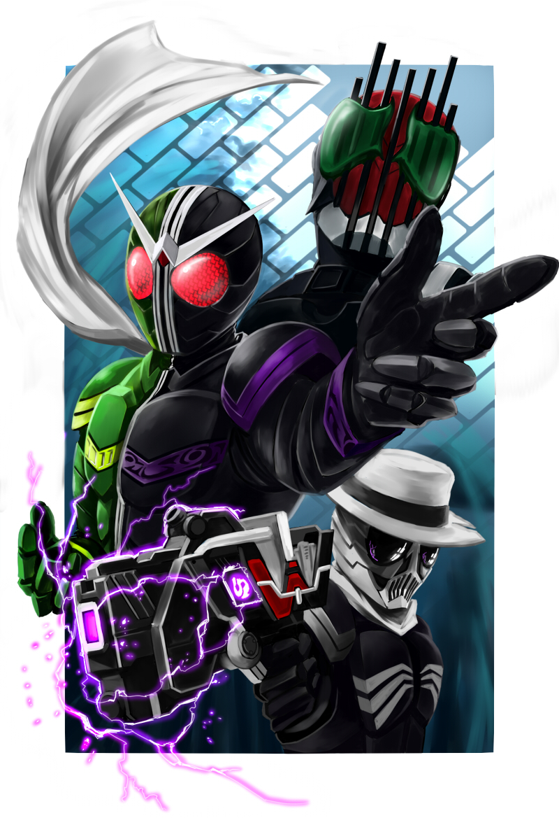 6+, yanagi ryuuta, kamen rider decade, kamen rider double, kamen rider skull, kamen rider, kamen rider dcd, kamen rider w, bad id, bad pixiv id, 3boys, antennae, electricity, fedora, foreshortening, gun, hat, male focus, multiple boys, pointing, scarf, weapon