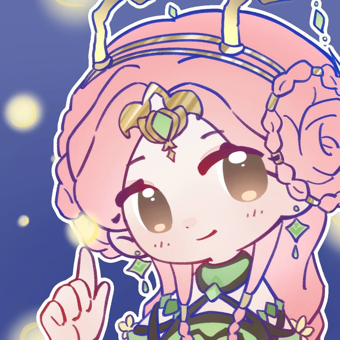 forest's song (infinity nikki), nikki (nikki), infinity nikki, nikki (series), chinese commentary, commentary request, 1girl, antlers, bare shoulders, braid, braided hair rings, brown eyes, bun with braided base, chibi, circlet, closed mouth, collar, deer antlers, detached collar, detached sleeves, diamond-shaped earrings, dot nose, double bun, dress, eyelashes, fake horns, fireflies, flower, forehead jewel, gem, gold circlet, gold hairband, green collar, green dress, green gem, green sleeves, hair bun, hair rings, hair tubes, hairband, happy, horn hairband, horns, light blush, long hair, long sidelocks, night, outdoors, outline, pink hair, pointing, pointing up, sidelocks, smile, solo, tingpanxuyu, very long hair, white outline, yellow flower, yellow horns