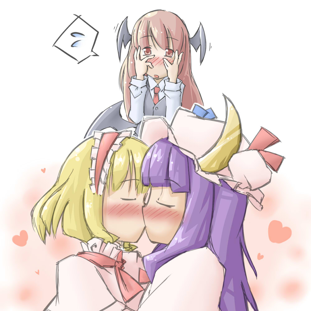 arnest, alice margatroid, koakuma, patchouli knowledge, touhou, 3girls, bat wings, blonde hair, blush, couple, female focus, hairband, hat, head wings, heart, kiss, long hair, multiple girls, peeking, purple hair, red eyes, red hair, short hair, spoken sweatdrop, sweatdrop, wings, yuri