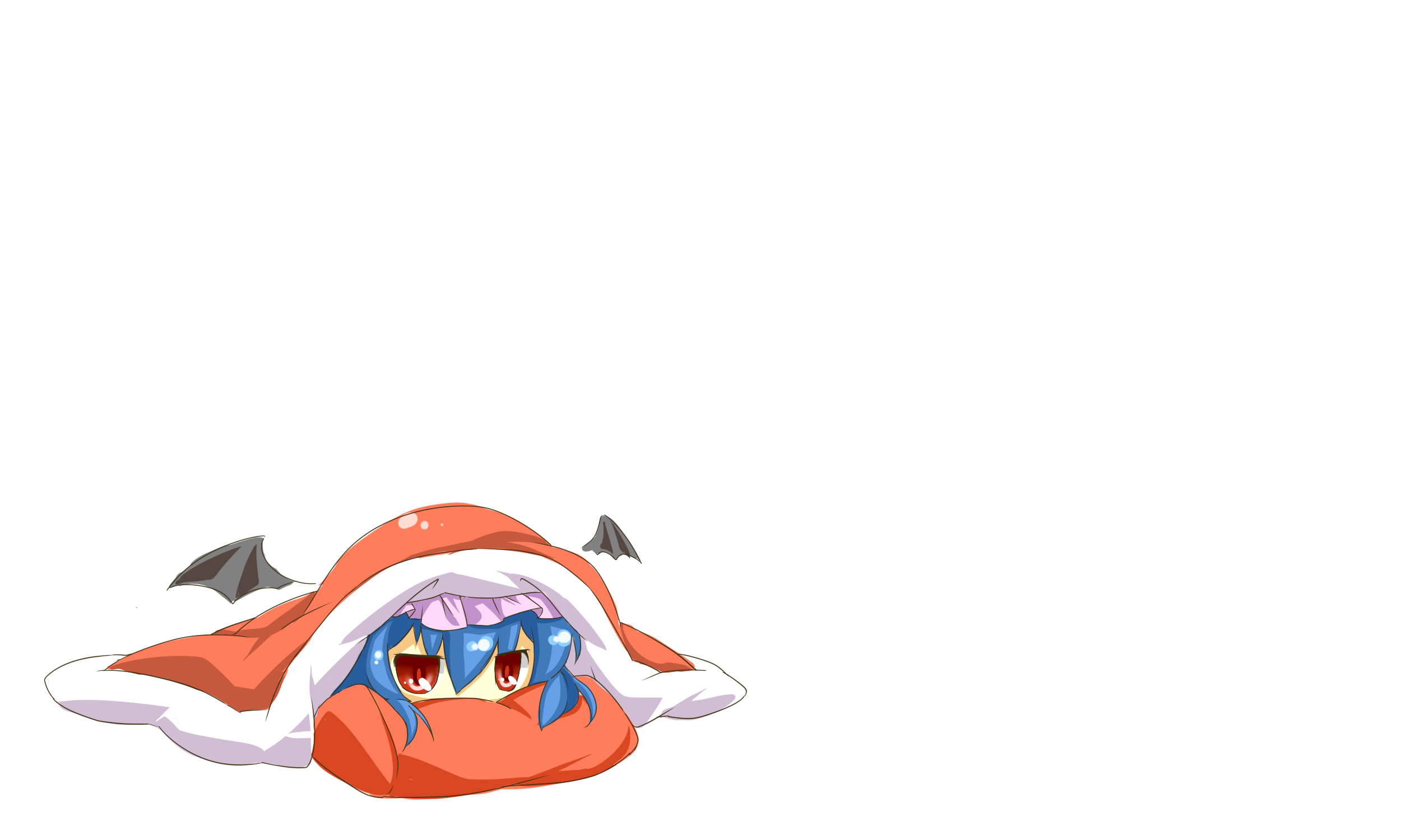 eiri (eirri), remilia scarlet, touhou, bad id, bad pixiv id, highres, 1girl, bat wings, blanket, blue hair, chibi, female focus, futon, lying, red eyes, short hair, simple background, solo, under covers, white background, wings, yukkuri shiteitte ne