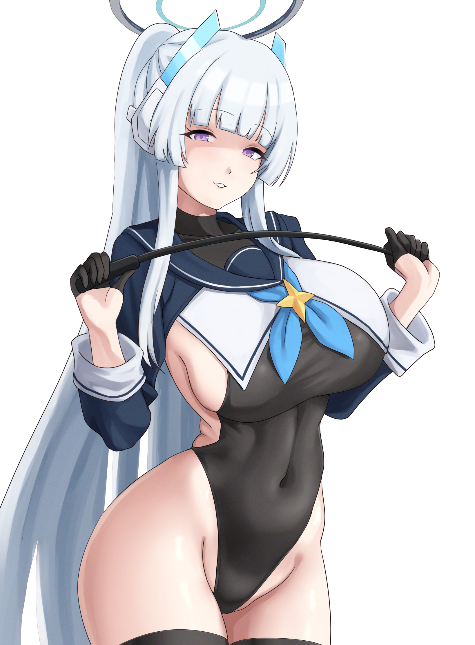 cyka, noa (blue archive), shimiko (blue archive), shimiko (magical) (blue archive), blue archive, commentary, highres, 1girl, alternate costume, black gloves, black leotard, black thighhighs, blue neckerchief, breasts, cosplay, covered navel, feet out of frame, gloves, halo, holding, holding riding crop, holding whip, huge breasts, leotard, long hair, long sleeves, looking at viewer, mechanical halo, neckerchief, open mouth, ponytail, purple eyes, riding crop, sailor collar, shimiko (blue archive) (cosplay), sideboob, sidelocks, smirk, solo, standing, thighhighs, thighs, very long hair, white background, white hair