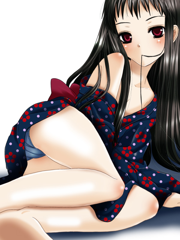 inumori sayaka, jakuri (ar tonelico), ar tonelico, ar tonelico ii, gust, 00s, 1girl, black hair, blush, female focus, hair in own mouth, long hair, mouth hold, panties, red eyes, solo, underwear
