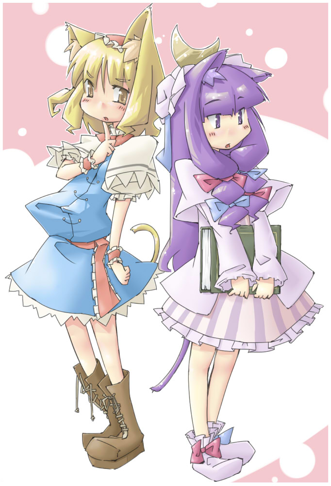 arnest, alice margatroid, patchouli knowledge, touhou, 2girls, animal ears, blonde hair, book, cat ears, cat girl, cat tail, female focus, hairband, hat, kemonomimi mode, long hair, multiple girls, purple eyes, purple hair, short hair, tail, yellow eyes