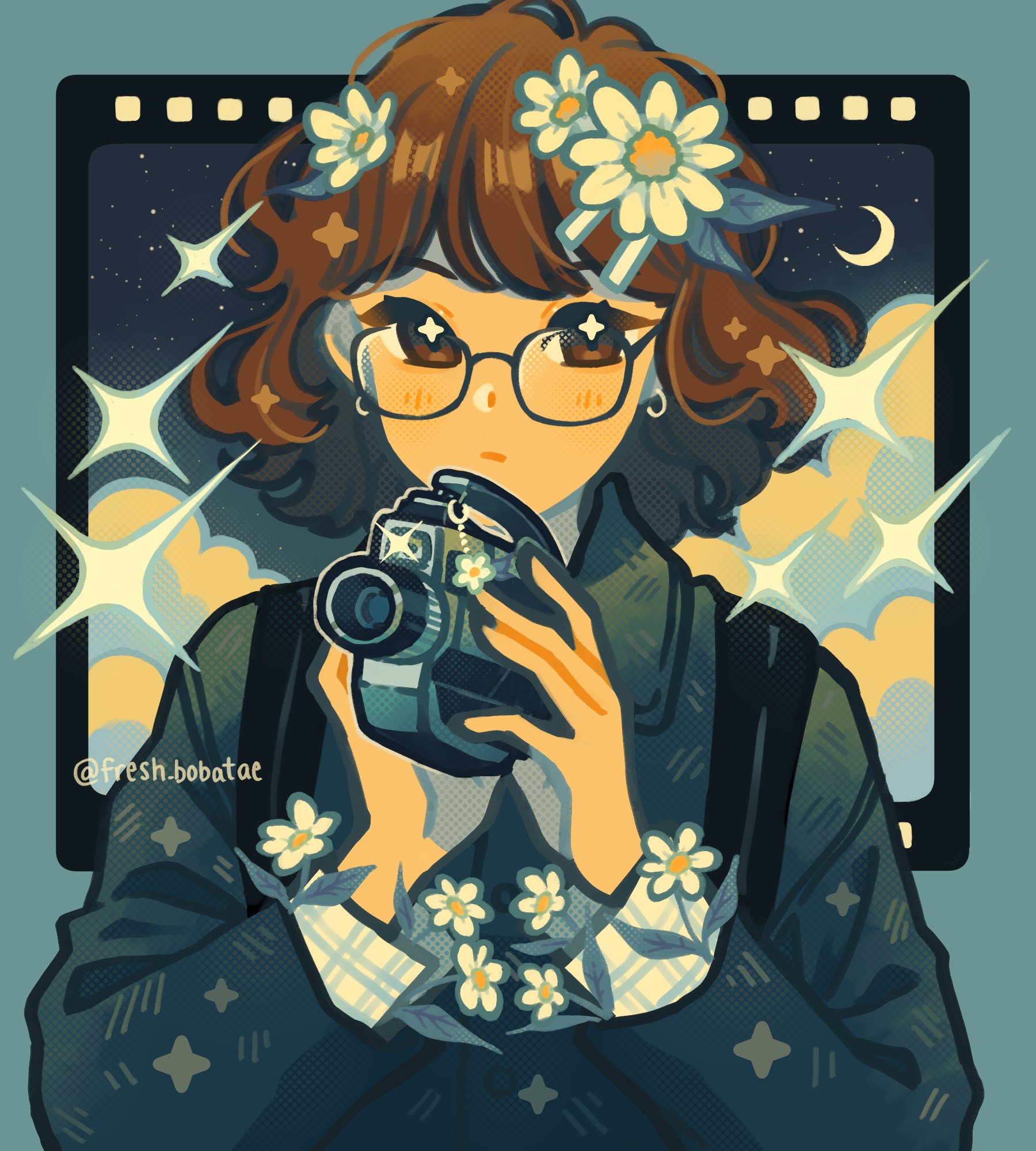 emily kim, original, commentary, english commentary, highres, 1girl, blue background, blue jacket, blue sky, blue theme, brown eyes, brown hair, camera, closed mouth, cloud, collared shirt, crescent moon, film strip, flower, flower charm, glasses, hair flower, hair ornament, halftone, holding, holding camera, jacket, long sleeves, looking at viewer, medium hair, moon, night, night sky, plaid clothes, plaid shirt, portrait, shirt, signature, simple background, sky, solo, sparkle, sparkling eyes, star (sky), starry sky, suspenders, twitter username, wavy hair, white flower, white shirt