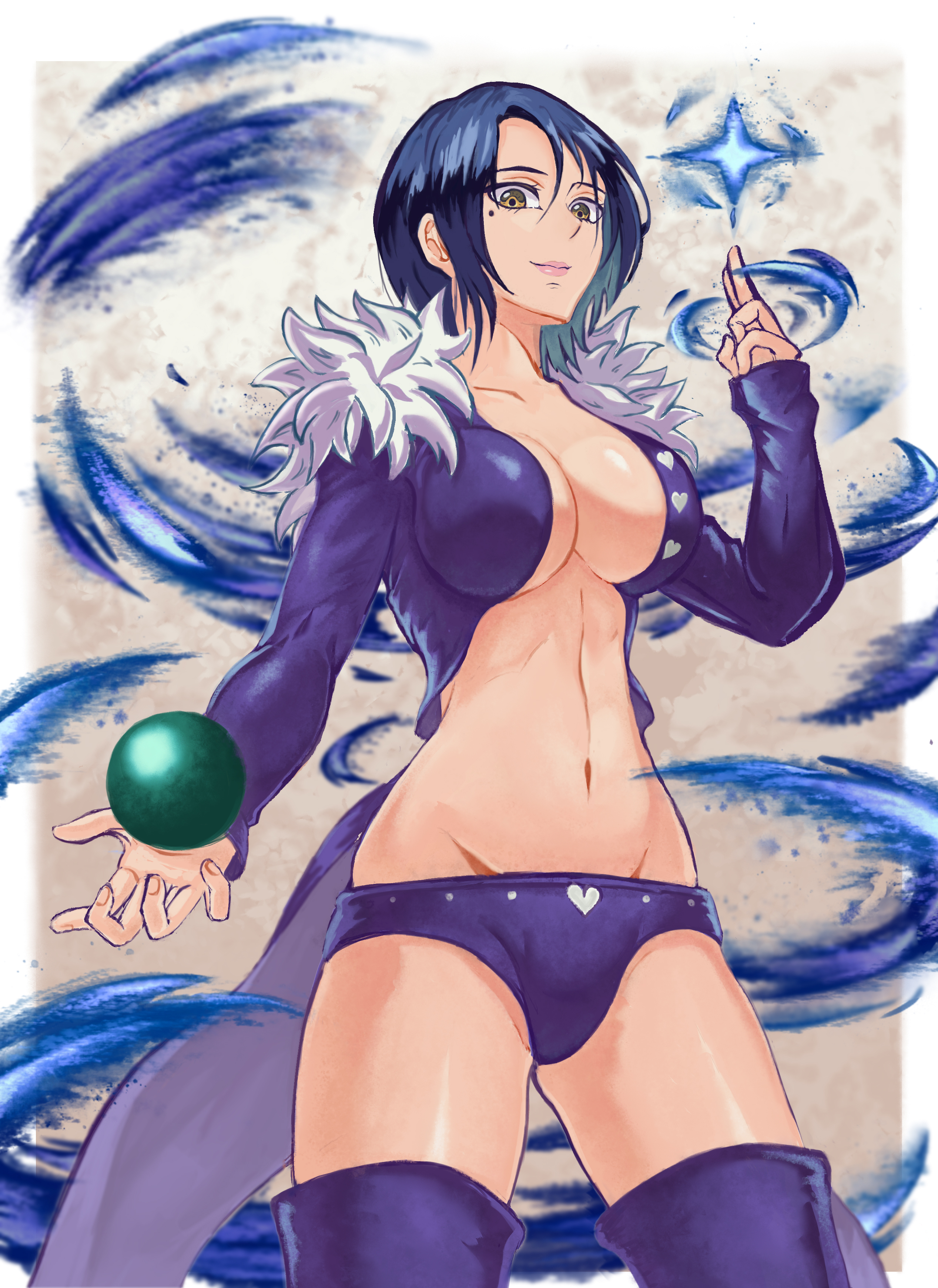 aspara74530742, merlin (nanatsu no taizai), nanatsu no taizai, absurdres, commentary, english commentary, highres, 1girl, black hair, breasts, center opening, closed mouth, coat, fur-trimmed coat, fur trim, holding, holding orb, large breasts, looking at viewer, magic, mole, mole under eye, navel, orb, panties, purple coat, purple panties, revealing clothes, short hair, smile, solo, stomach, underwear, yellow eyes