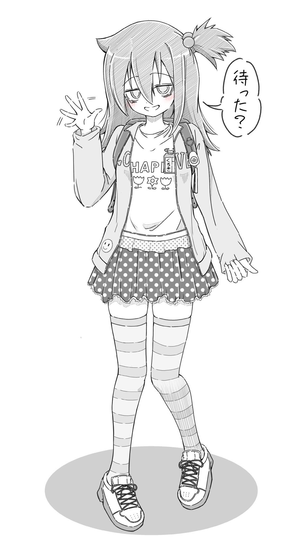 azuminonomizua, kuroki tomoko, watashi ga motenai no wa dou kangaetemo omaera ga warui!, commentary request, highres, translation request, 1girl, alternate hairstyle, backpack, bag, bags under eyes, blush, casual, clothes writing, floral print, floral print shirt, full body, greyscale, hair between eyes, hair bobbles, hair ornament, hand up, jacket, long hair, long sleeves, looking at viewer, miniskirt, monochrome, motion lines, one side up, open clothes, open jacket, open mouth, pleated skirt, polka dot, polka dot skirt, print shirt, shirt, shoes, sidelocks, simple background, skirt, smile, sneakers, solo, speech bubble, split mouth, standing, striped clothes, striped thighhighs, thighhighs, waving, white background