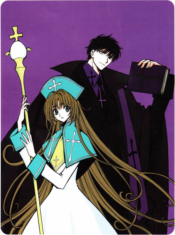 clamp, miyuki-chan, miyuki (fushigi no kuni no miyuki-chan), sakurazuka seishirou, sakurazukamori seishirou, fushigi no kuni no miyuki-chan, x (manga), official art, 1boy, 1girl, black eyes, black hair, blue eyes, book, breasts, brown hair, capelet, collared shirt, creator connection, cross, crossover, dress, hat, heterochromia, holding, holding book, long hair, long sleeves, looking at viewer, necktie, one-eyed, pale skin, parted lips, purple background, robe, scepter, shirt, short hair, simple background, sleeve cuffs, small breasts, staff, standing, stole, very long hair, wand, white dress