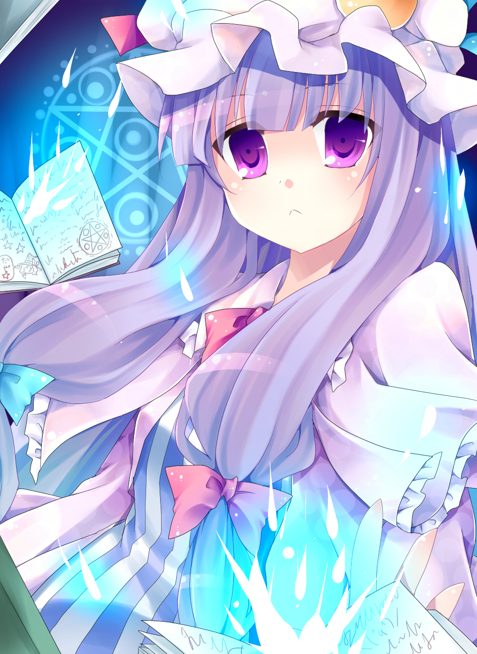 shiitake (artist), patchouli knowledge, touhou, bad id, bad pixiv id, highres, 1girl, :<, book, bow, female focus, hat, long hair, mushroom, pink bow, purple eyes, purple hair, shiitake, solo