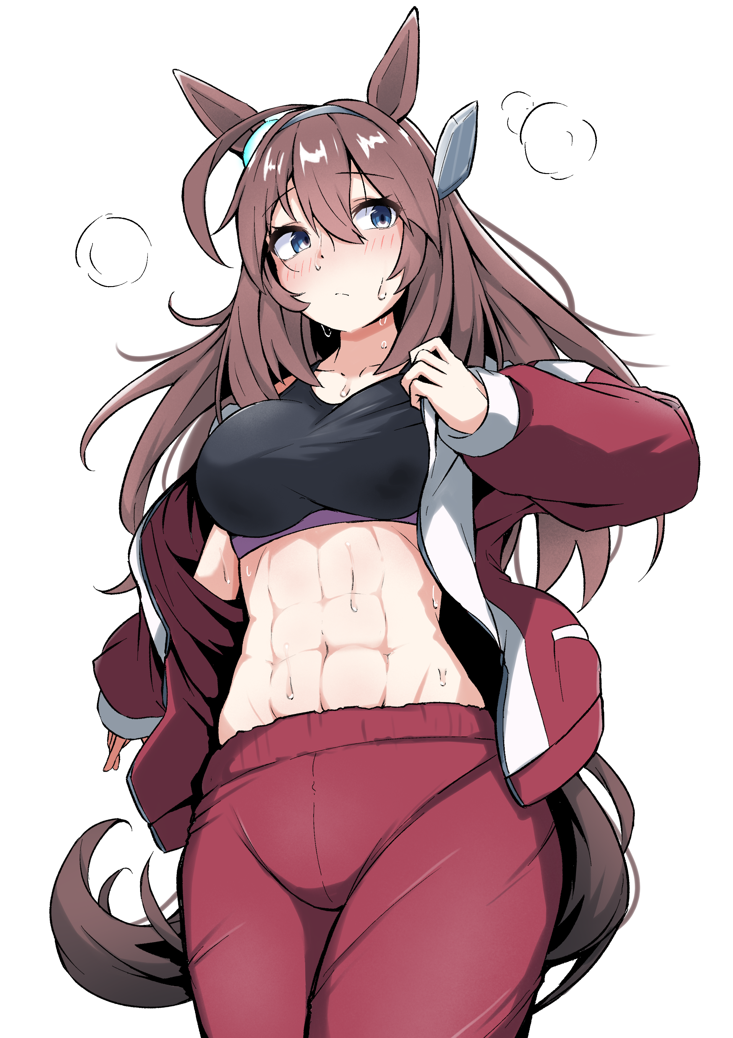 shijimi (sijimi1917), mihono bourbon (umamusume), umamusume, absurdres, commentary request, highres, 1girl, abs, ahoge, animal ears, black sports bra, blue eyes, blush, breasts, brown hair, closed mouth, grey hairband, hair between eyes, hairband, horse ears, horse girl, horse tail, jacket, large breasts, long hair, looking to the side, navel, open clothes, open jacket, pants, red jacket, red pants, red track suit, silver hairband, simple background, solo, sports bra, stomach, sweat, tail, tracen training uniform, track jacket, track pants, track suit, white background