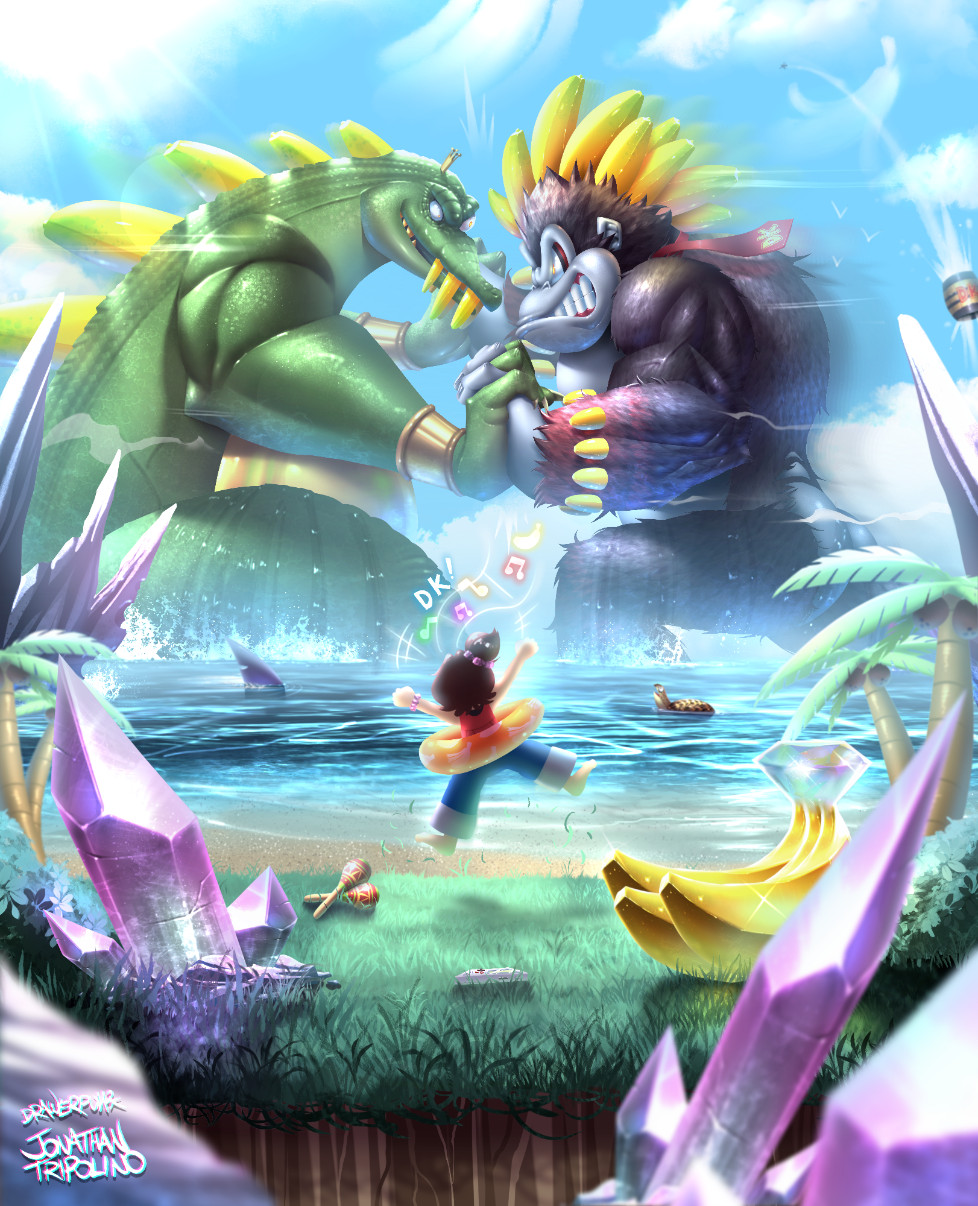 asten-94, donkey kong, king k. rool, kong bananza, pauline (mario), pauline (young) (mario), donkey kong (series), donkey kong bananza, nintendo, highres, 1girl, 2boys, artist name, banana, barefoot, barrel, blue sky, brown hair, colored skin, crown, dorsal fin, food, fruit, green skin, grey skin, instrument, kaiju, maracas, multiple boys, musical note, necktie, ocean, palm tree, red necktie, sea turtle, sky, swim ring, tree, turtle
