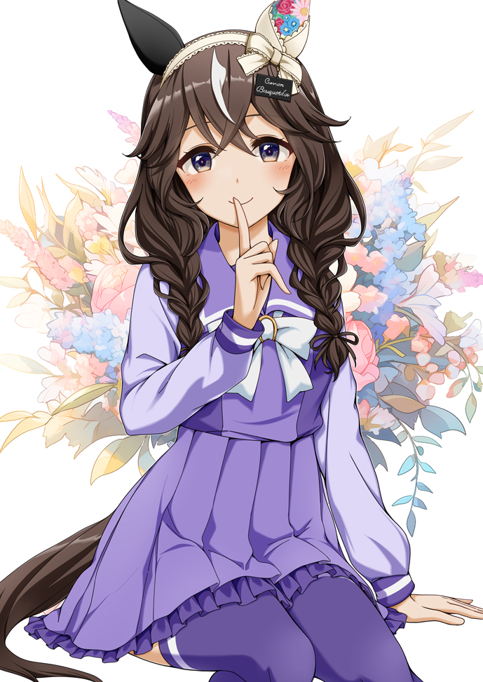 mimimimitsuha, curren bouquetd'or (umamusume), umamusume, commentary request, textless version, 1girl, animal ears, blush, bow, bowtie, braid, braided sidelocks, breasts, brown hair, closed mouth, ear covers, finger to mouth, flower, grey eyes, hair between eyes, hairband, horse ears, horse girl, horse tail, long braid, long hair, long sleeves, looking at viewer, low twin braids, mismatched ear covers, purple sailor collar, purple serafuku, purple shirt, purple skirt, purple thighhighs, sailor collar, sailor shirt, school uniform, serafuku, shirt, skirt, smile, solo, tail, thighhighs, tracen school uniform, twin braids, white bow, white bowtie, white streaks
